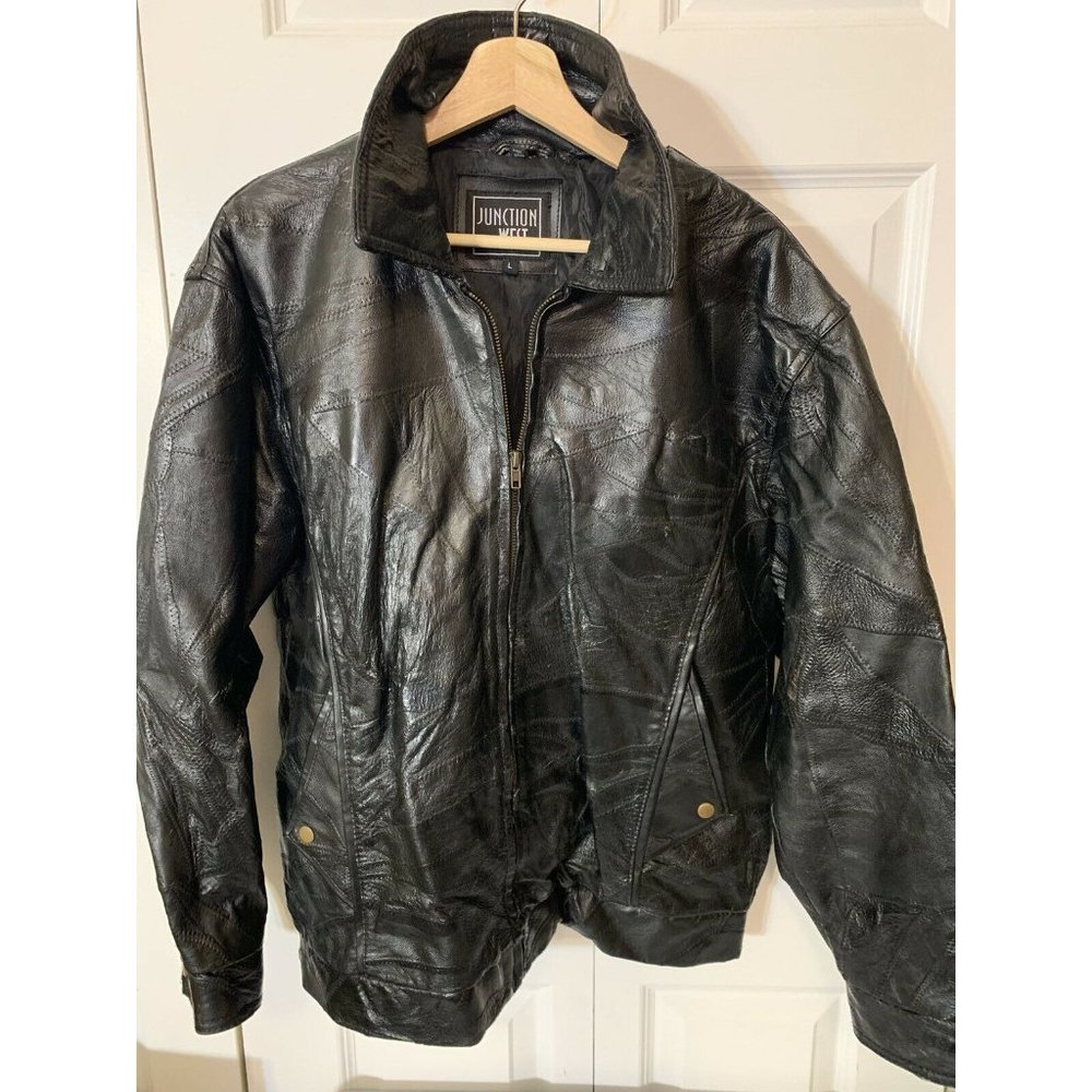 JUNCTION WEST LEATHER JACKET Mens Sz L Black Full Zip patchwork‎